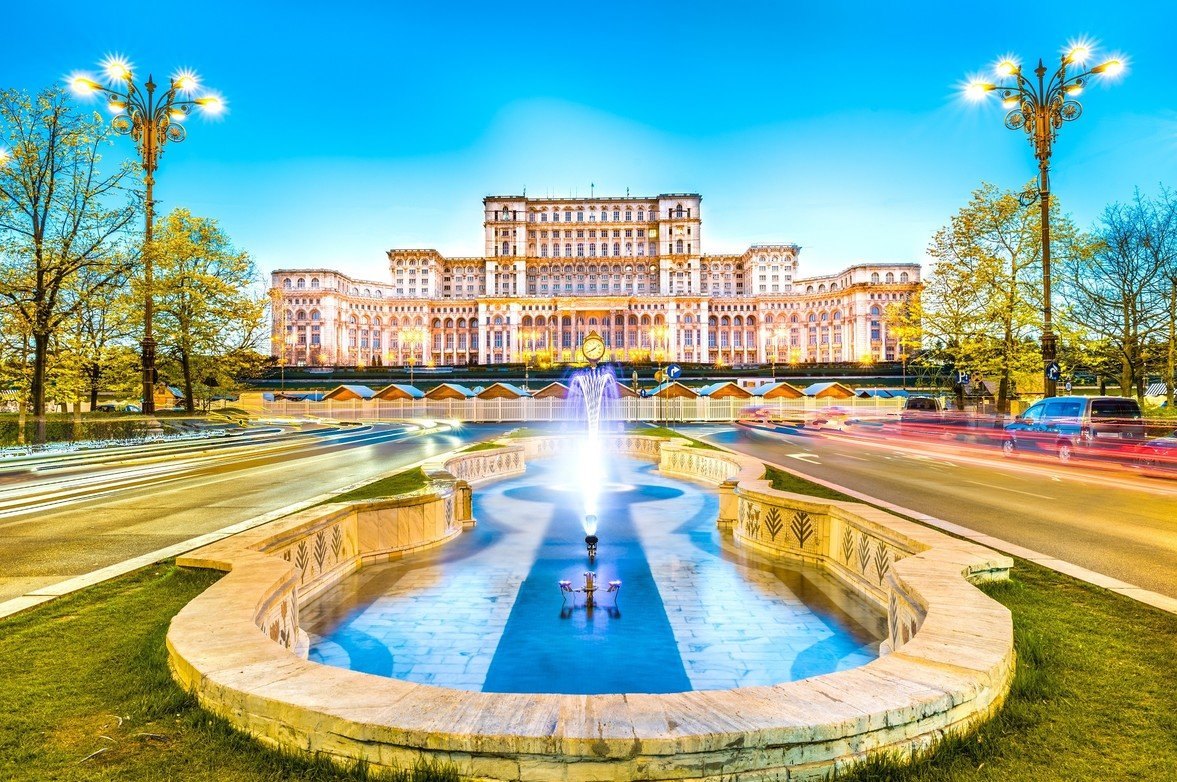 Bucharest city skyline at sunset, Romania